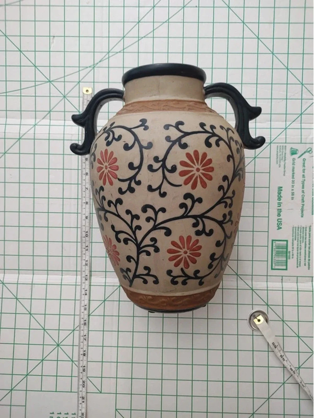 Greek Style Amphora Vase, Hand-Painted Floral Motif, Unmarked